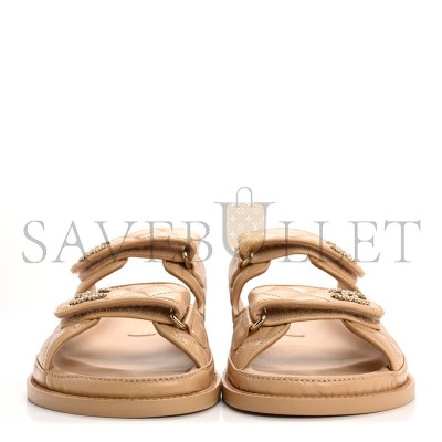 CHANEL LAMBSKIN QUILTED VELCRO DAD CHAIN CC SLIDE SANDALS BEIGE 